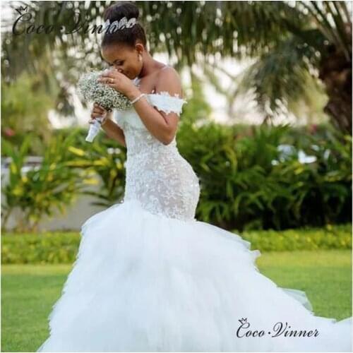 Tassel Train African Mermaid Wedding Dresses Cap Sleeve lace up Back Embroidery Trumpet Lace Wedding Dress W0425