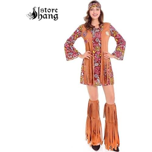 Adult 60s Groovy Hippie Costume Flower Power Disco Costume Ladies 70s Diva Fancy Dress Outfit Halloween Costumes for Women
