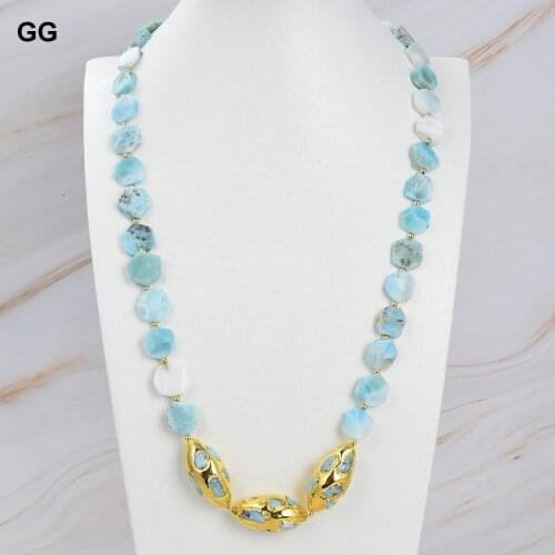 GuaiGuai Jewelry Natural Hexagon Blue Larimars Necklace Olive Larimar Pave Gold Color Plated connector 26"