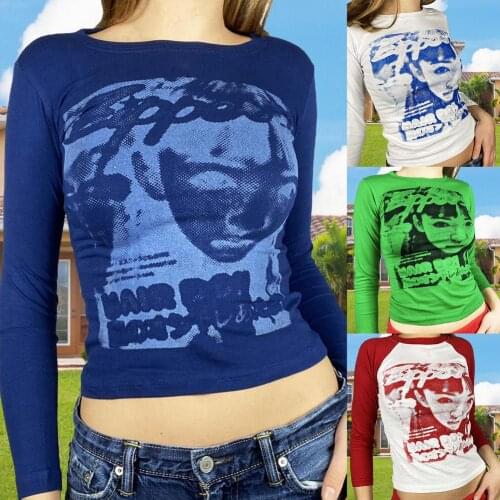 90s Womens Retro Vests Girls Tie-dye Gothic Long-sleeved Casual Short Tops Face Portrait Printed Sexy Short Shirt