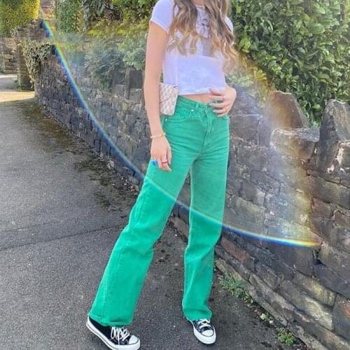 Women Spring Solid Color Trousers Middle-Waist Loose Flared Pants with Pockets for Girls 2021 Streetwear Green/Pink/Khaki/Yellow