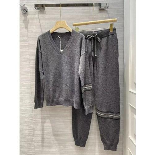 Fyion Autumn Winter Cashmere Knitted 2 Pieces Sets Women V-Neck Pullover Sweater + Waist Elastic Long Pants 2021 Beading Sets