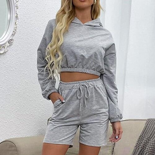 Womens Two Piece Set Hoodies Tracksuit Long Sleeve Tops Elastic Waist Shorts Causal Sweatshirts Workout Pants 2021 Sports Suit