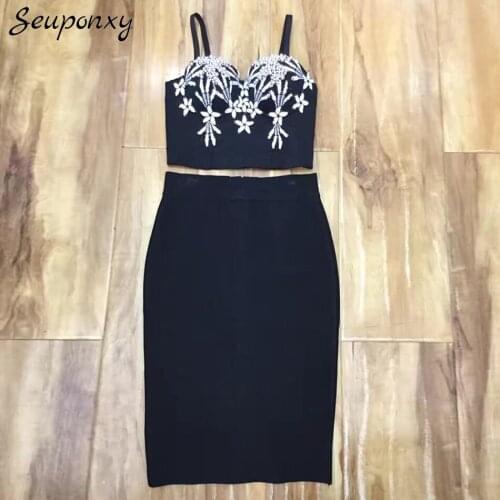 High Quality WomenS Beaded Bodycon Bandage 2 Two-Piece Set 2021 Summer Sexy Diamond Short Top + Pencil Skirt Club Party Set