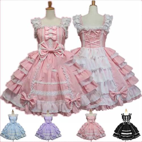 Women Alice Lolita Angel Pink Cotton Princess Dress Court-Style Gothic Tank Dress Costume Cute Anime Maid Layer Dress For Girls