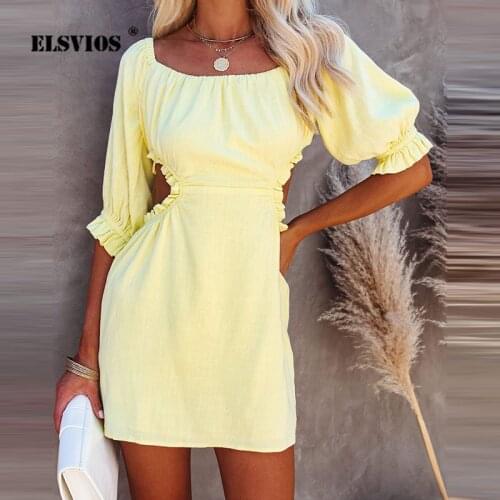 2021 Summer Slash Neck Ruffle Hollow out Dress Women Casual Elegant Slim mini Vestidos Lady Solid Color Party Short A-Line Dress