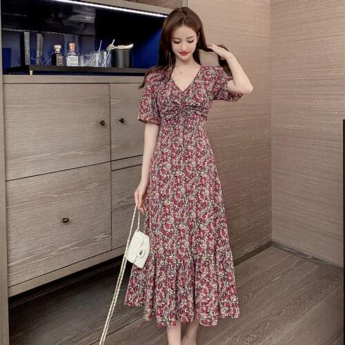 Fashion Summer Plus Size Dense Flower Pattern Short Sleeve V-neck Tea-length A-line Chiffon Women Dresses Casual Vestidos Robe