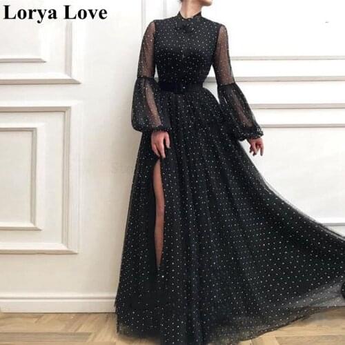 Black Illusion Split Evening Dresses 2020 Women Elegant Party Night Long Sleeves Vestidos Gala Sexy Robes Cheap Tulle Prom Dress