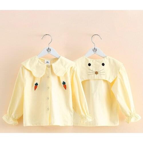 2021 Spring Autumn 2 3 4 6 8 10Years Child Long Sleeve Cartoon Cute Cat Turn-Down Neck Long Sleeve Kids Baby Girls Blouse Shirt