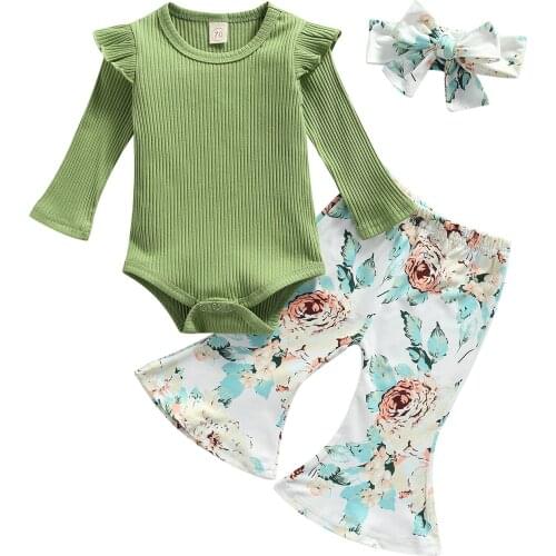 0-18M Cute Baby Girl Autumn Clothing Sets Toddlers Long Sleeve Rib Bodysuit+Floral Flare Trousers+Bow Headband 3Pcs Girl Outfits