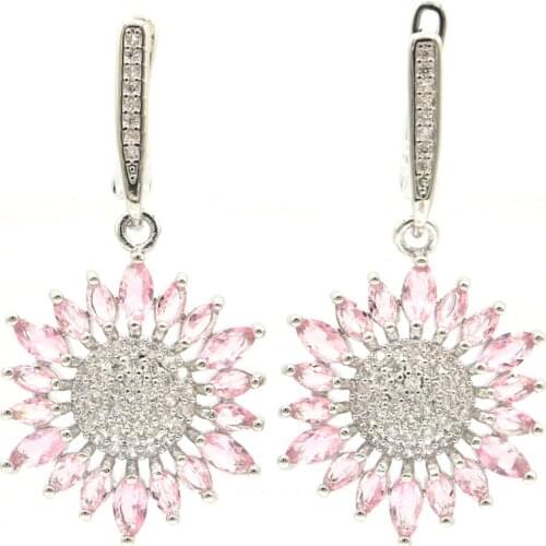 40x19mm Beautiful Created Pink Morganite Bright Zircon Gift For Ladies Daily Wear Silver Earrings