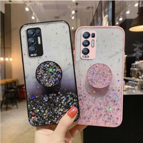 Glitter Silicone Stand Holder Phone Case For Oppo Realme C21 C20 A15 Reno 4 5 Lite F19 F17 A94 A74 A54 Crossbody Lanyard Strap