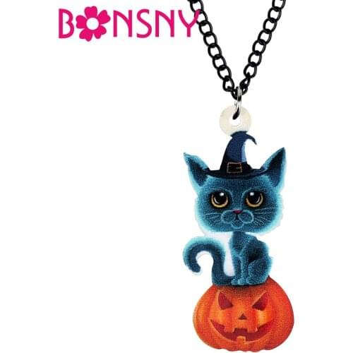 Bonsny Acrylic Halloween Pumpkin Head Cartoon Cat Necklace Choker Collar Pendant Animal Pets Jewelry For Women Girls Charms Gift