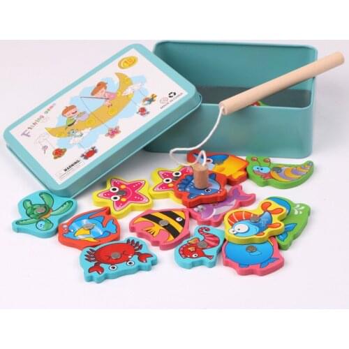 Wooden iron box 15 Magnetic fishing Game toys Baby Educational Toys Developing Toys For Children