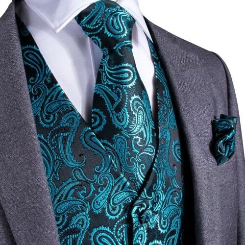 DiBanGu Teal Green Paisley Fashion Wedding Men 100%Silk Waistcoat Vest Ties Hanky Cufflinks Cravat Set for Suit Tuxedo MJTZ-107