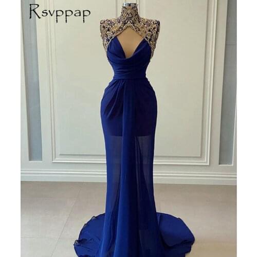 Dubai Style Long Evening Dresses 2020 High Neck Gold Beaded Mermaid Navy Blue Chiffon Women Formal Gowns