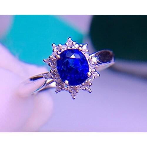 E515 Blue Sapphire Ring 1.3ct Real Pure 18 K Natural Unheat Blue Sapphire Gemstone Diamonds Stone Female Ring