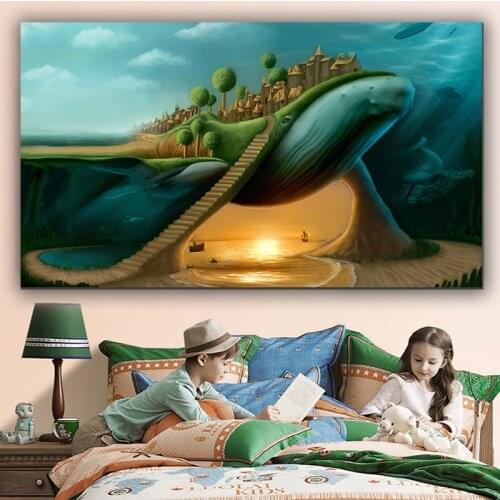 Hotselling Abstract Surrealism Whale And Castle Printed on Canvas Wall Art Picture Living Room Kids Home Poster Cudros Decor
