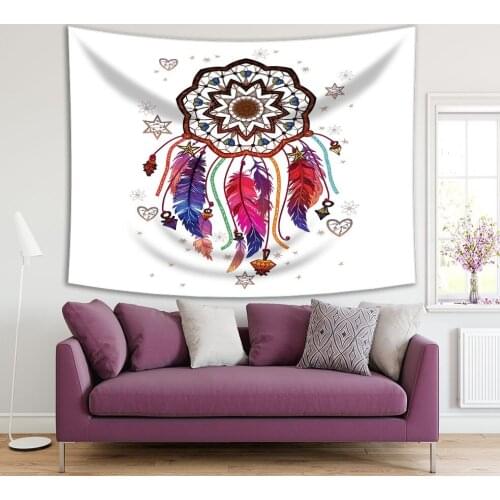 Tapestry Dreamcatcher with Gemstones and Feathers Colorful Stylish Boho Fun Art Brown Blue Red