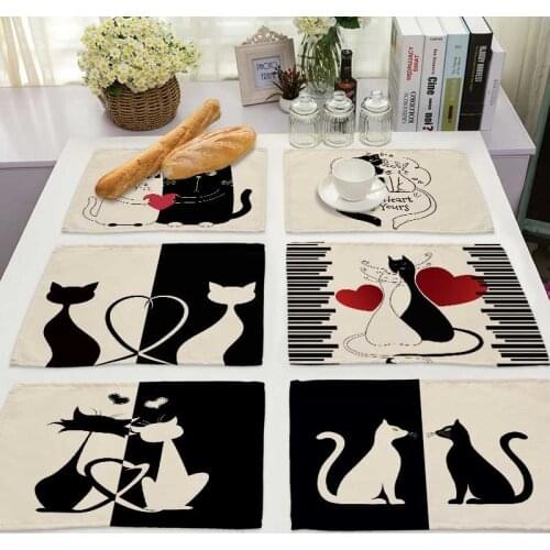 Bkack White Cat Pattern Cotton Linen Pad Dining Table Mats Coaster Bowl Cup Mat Pattern Kitchen Placemat Home Decor ML0016