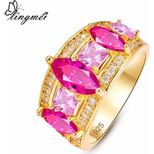 Lingmei Wedding Band Engagement Marquise Cut Yellow & Red Zircon Silver Color Yellow Gold Color Ring Women Jewelry Size 6-9