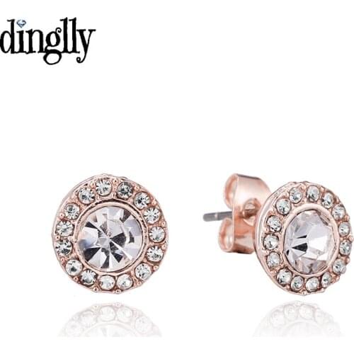 Dinglly Fashion Rose Gold Circle Crystal Earrings For Women Girl Original Lover Couple Fine Round Earrings Jewelry Birthday Gift
