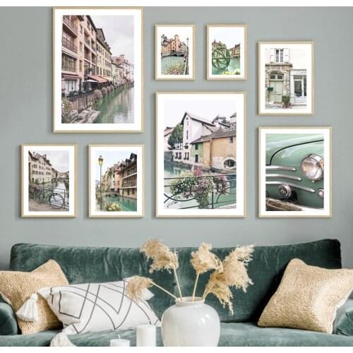 Wall Art Canvas Painting Old Town Street House Small River Car Flower Nordic Posters And Prints Decor Pictures For Living Room