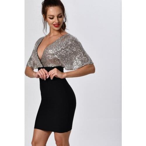 Newest Summer Fashion Sexy Sequined Mesh clothes deep V collar low-cut night Bandage dress