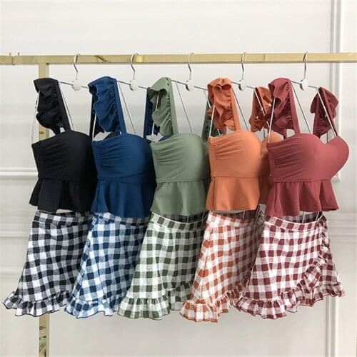 2020 new split swimsuit women Japanese and Korean plaid small fresh skirt swimwear vacation bikini