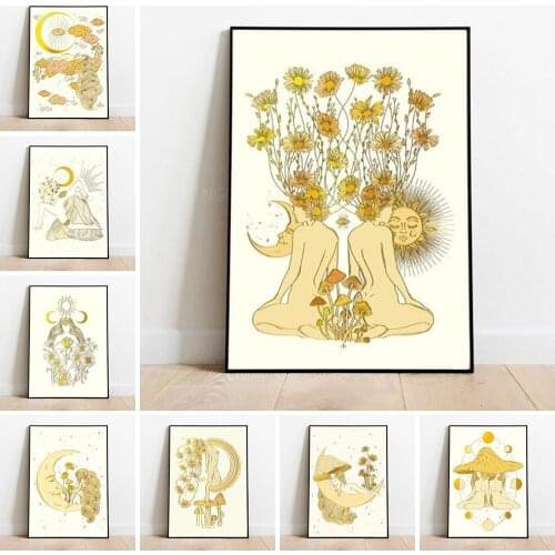 Prints Painting Pictures Gold Cartoon Girl Animal Moon Child Wall Artwork Home Decor Modular Canvas Poster Modern For Living Roo