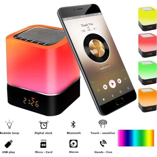 5 in 1 Dimmable LED Table Lamp With Bluetooth Speaker Alarm Clock Smart Touch Control RGB Bedside Lamp Built In 2200mAh Battery