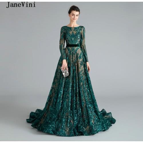 JaneVini Luxury Dark Green A Line Long Evening Dress with Sleeves 2019 Shiny Sequined Saudi Arabic Women Formal Gowns Lange Jurk