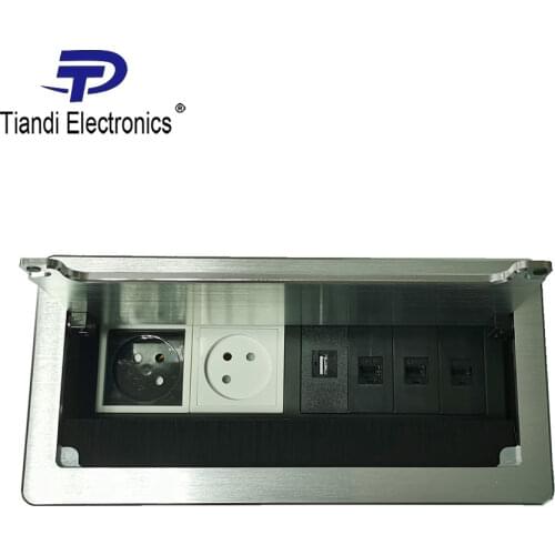 Silver aluminium panel table socket power Israel jack brush clamshell multimedia junction box outlet+USB and 3 network interface