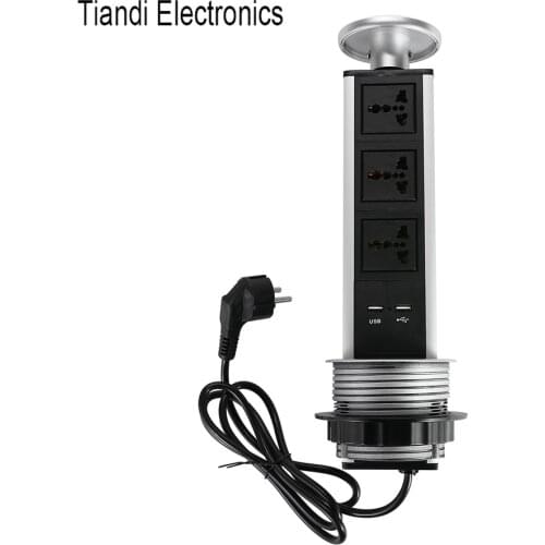 Silver hidden multifunction table socket 3-bit universal power jack pull-out home outlet extension cable EU plug with USB charge