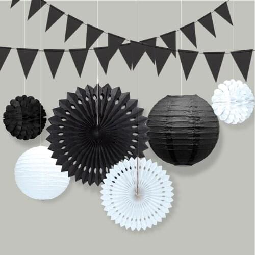 Black White Themed Party decorations Black Triangle Paper Garland Lantern Pom Pom flower For New Year Halloween Party Decoration