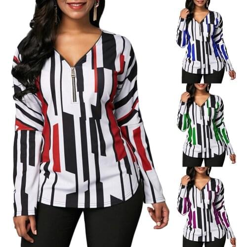 Plus Size Women Irregular Stripe Print Zipper V Neck Long Sleeve Blouse Top