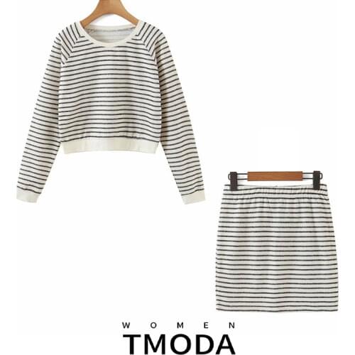 TMODA1741 Za 2021 Summer Autumn Women Knit Striped Casual Sweater And Ladies Fashion Mini Skirts Female Streewear Two Piece Sets