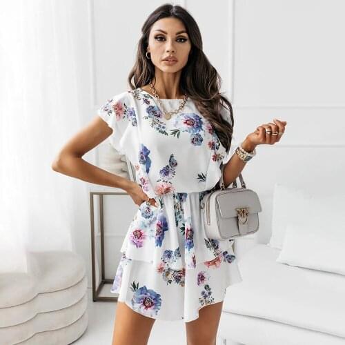 Summer Fashion Mini Temperament Women Dress 2021 New Casual Printed Ruffled Elastic Waist Sleeveless Loose Double Layer Dress