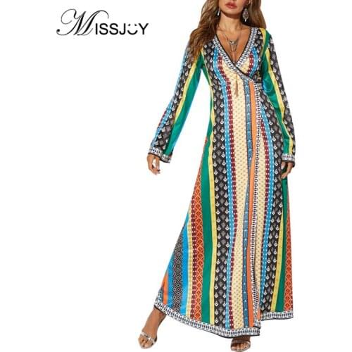 MISSJOY 2019 Autumn Ankle-Length Women Dress Elegant Bohemian V-Neck Long Sleeve Belt Tunic Split Print Color Maxi Loose Striped