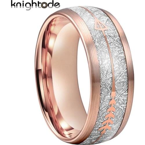 8mm Ring Meteorite Arrow Inlay Rose Gold Tungsten Carbide Ring Wedding Band for Men Women Engagement nt Ring Dome Brushed Finish
