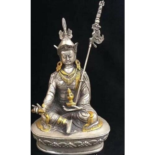 8''Tibetan Silver gold plating carved lotus buddhism Guru padmasambhava buddha