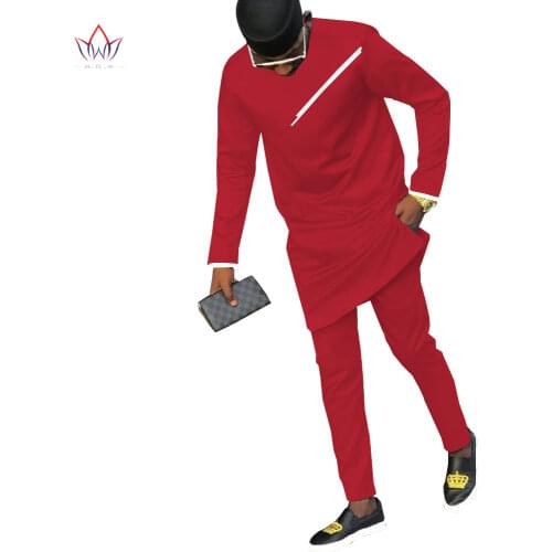 Bazin Riche African Print Top and Pants Sets Ankara Clothes 2 Pieces Pant Sets Long Sleeve Cotton African Mens Clothing WYN1718