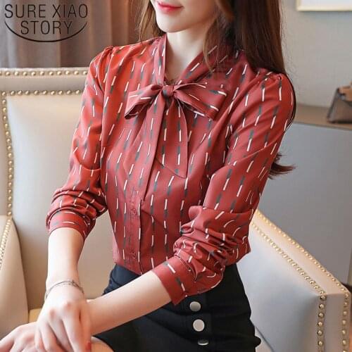 Blusas Mujer De Moda 2021 Autumn Fashion Women Chiffon Blouses Long Sleeve V-neck Women Top Casual Stripe Women Clothing 6379 50