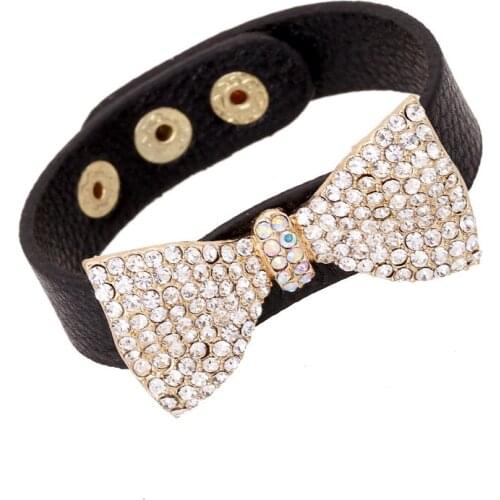 Dankaishi Fashion Women Jewelry Bowknot Charm Bracelet Leather Bangle Pave with Full Rhinestone Crystal for Girls Sweet Simple