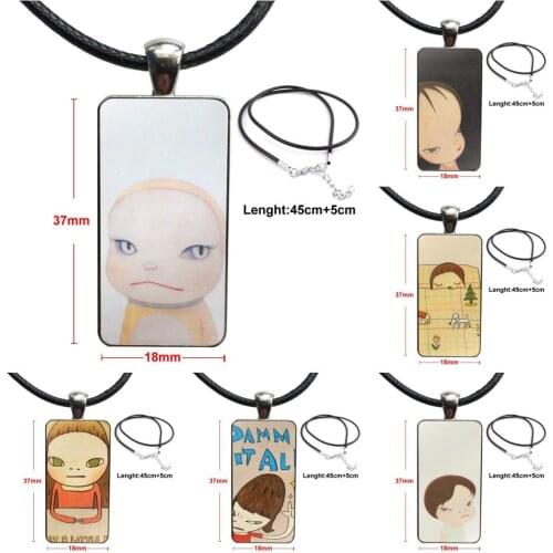 For Child Vintage Jewelry Stainless Steel Color Glass Cabochon Choker Pendant Long Rectangle Necklace Art Cartoon Yoshitomo Nara
