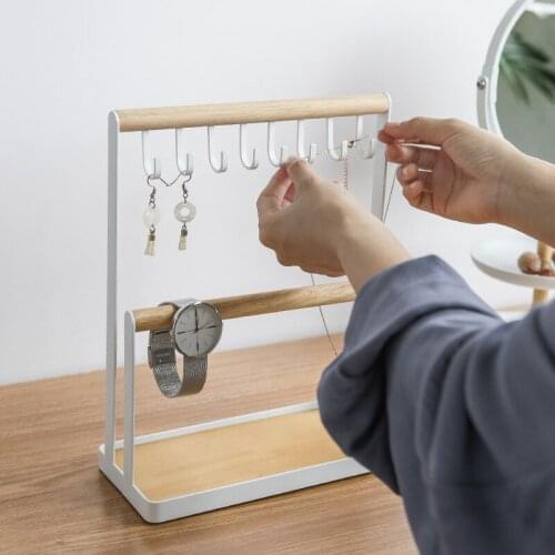 Two-Layer Wood And Iron Jewelry Bracelet Holder Watch Necklace Hanging Storage Rack Creative Earring Storage Display Stand