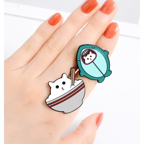 2020 Hot Cat in Bowl Enamel Pin Shark Lapel Pins for Shirt Bag Funny Animal Badge Jewelry Gift Friends Students and Kids