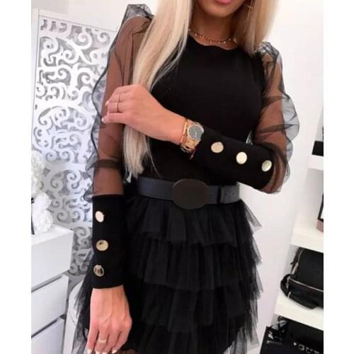 Hirigin Womens Puff Long Sleeve Mesh Patchwork Button Back Buttons Shirt Ladies Office Ladies Office Casual Tops