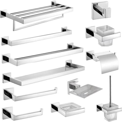 Stainless Steel Bathroom Accessories Set Towel Rack Ring WC Paper Holder Towel Bar Cloth Hook Soap Basket Wall Bathroom Hardware