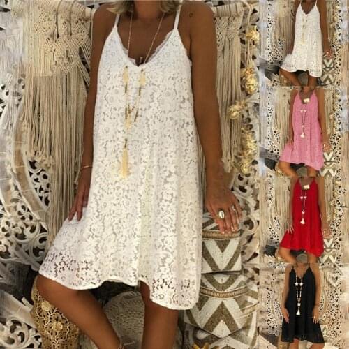 Summer Midi Dress Solid Color Lace Women Sleeveless Print V Neck Spaghetti Strap Dress Beach Sundress vestidos mujer verano 2021